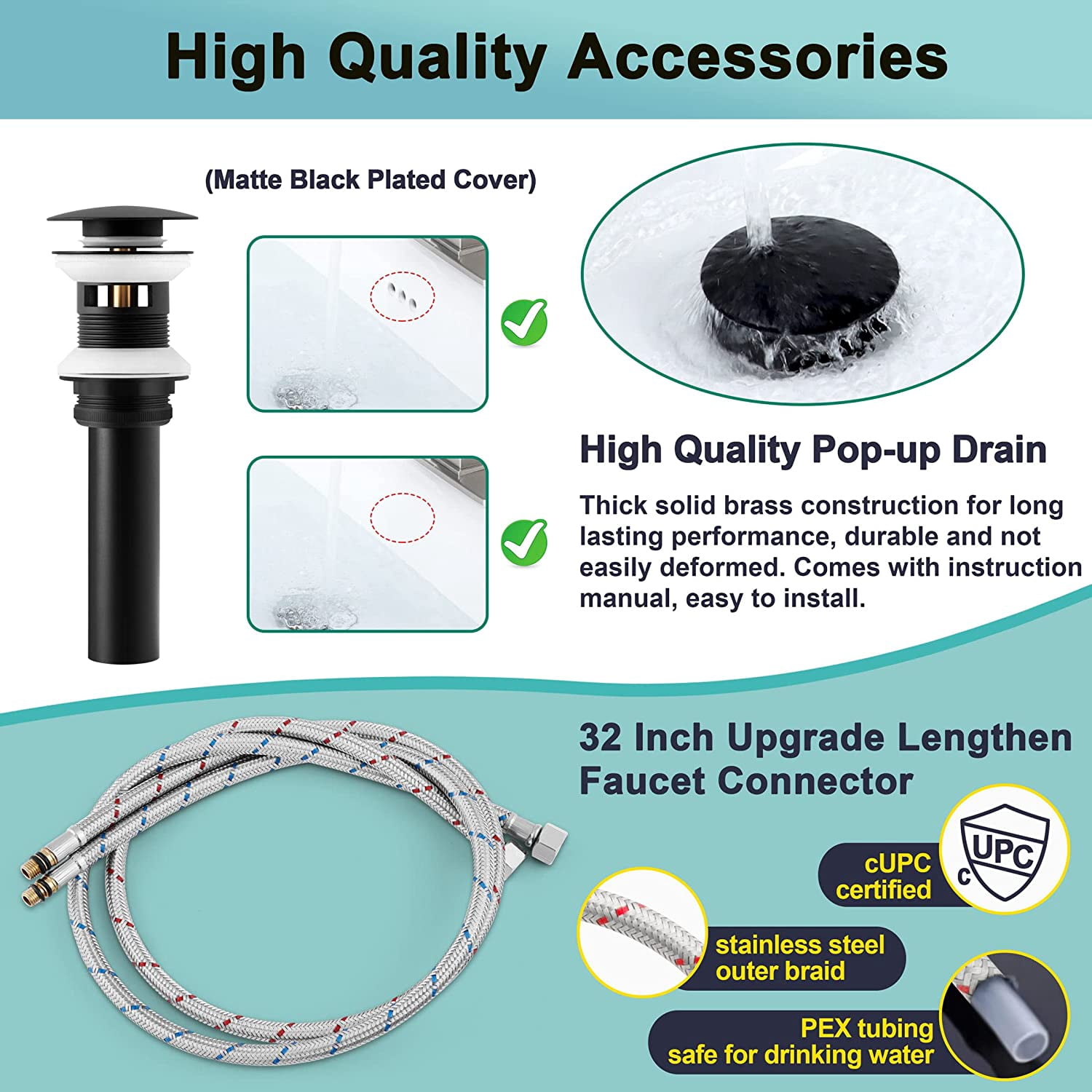 Matte Black Bathroom Faucet with Brass Pop-Up Drain - Single Handle Stainless Steel Sink Faucet for 1 or 3 Hole Installation, Waterfall Spout, Easy to Install - Includes 2 Water Hoses