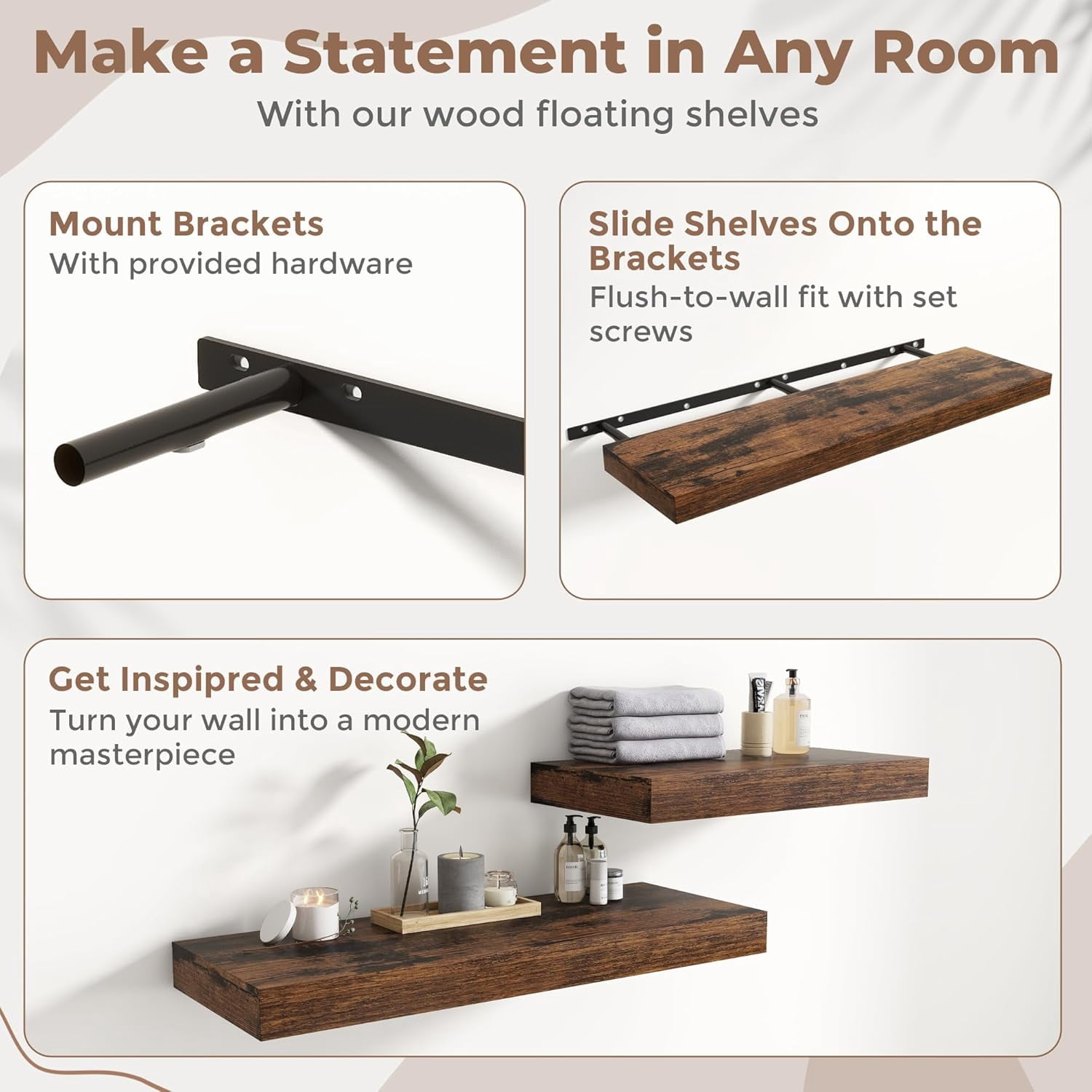 12 Inch Deep Floating Shelves with Invisible , Rustic Brown Engineered Wood Wall Mounted Storage for Kitchen Bedroom Living Room Decor and Organization, 48 inch Set of 1