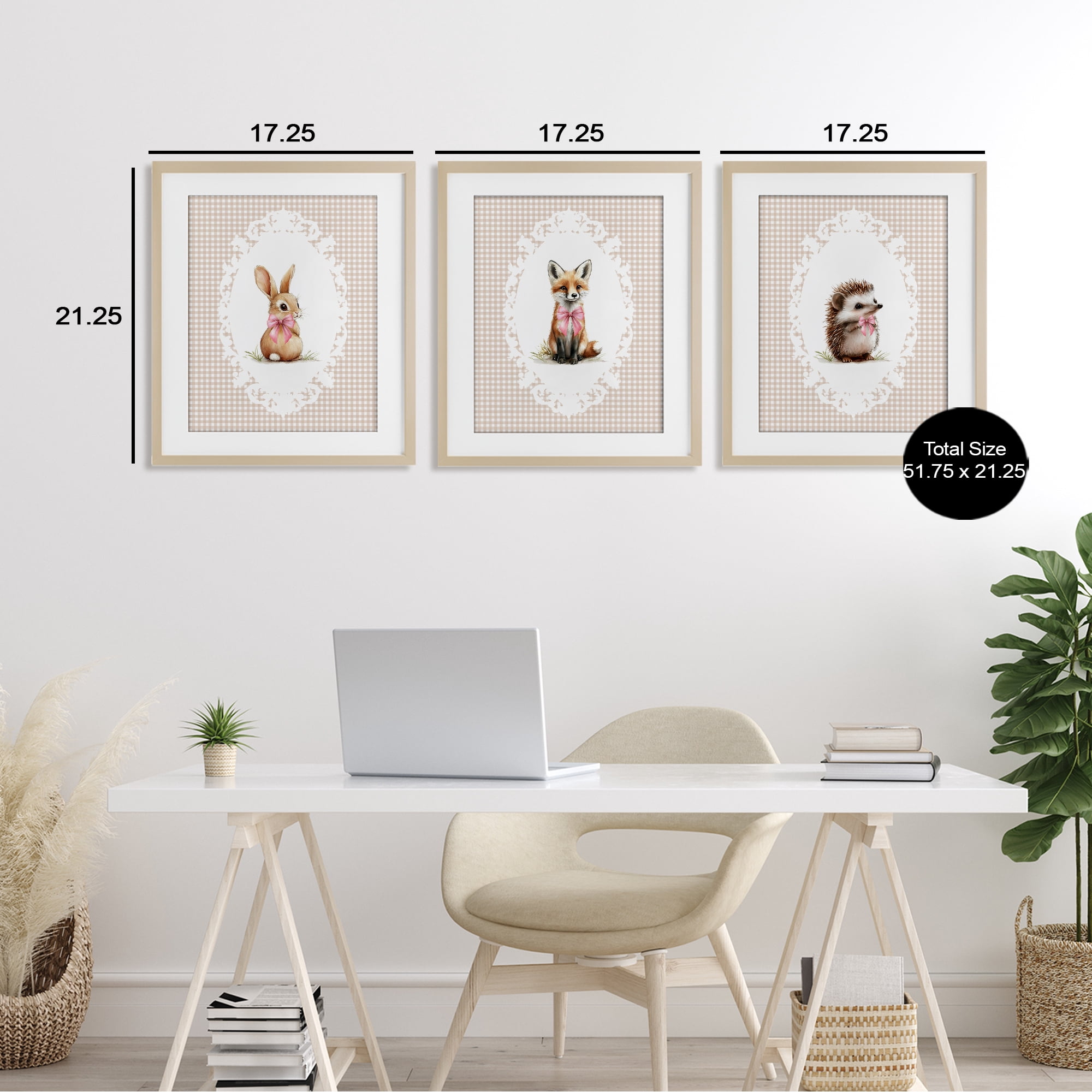Stupell Industries Vintage Baby Bow Animals 3 Piece Birch Framed Print Under Glass Set, design by Christine Simpson Art