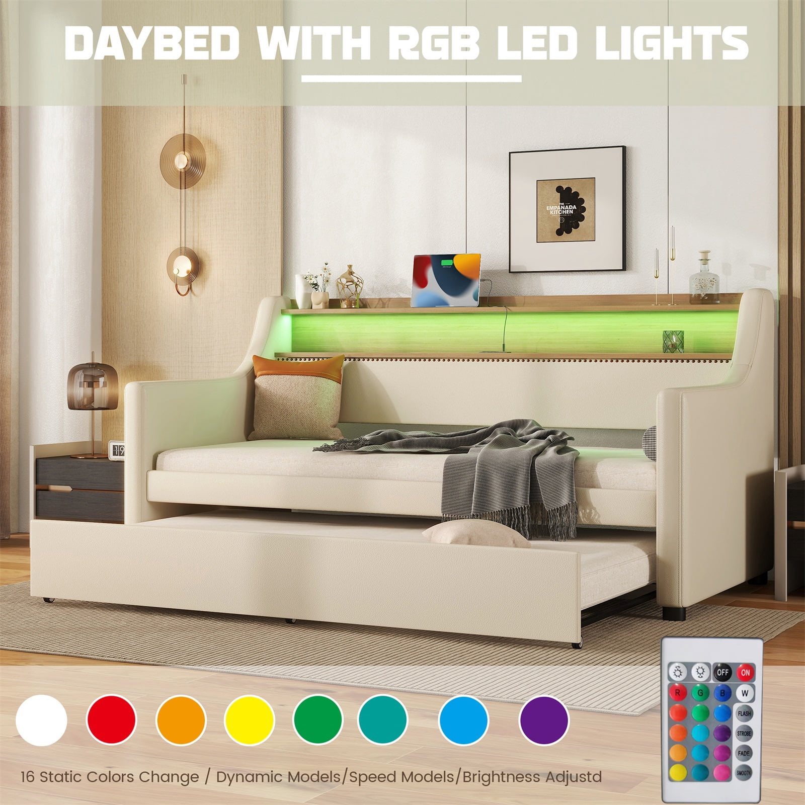 Hommoo Wooden Twin Size Daybed with Trundle, Modern Upholstered Linen Fabric Daybed with Charging Station and LED Lights, Beige