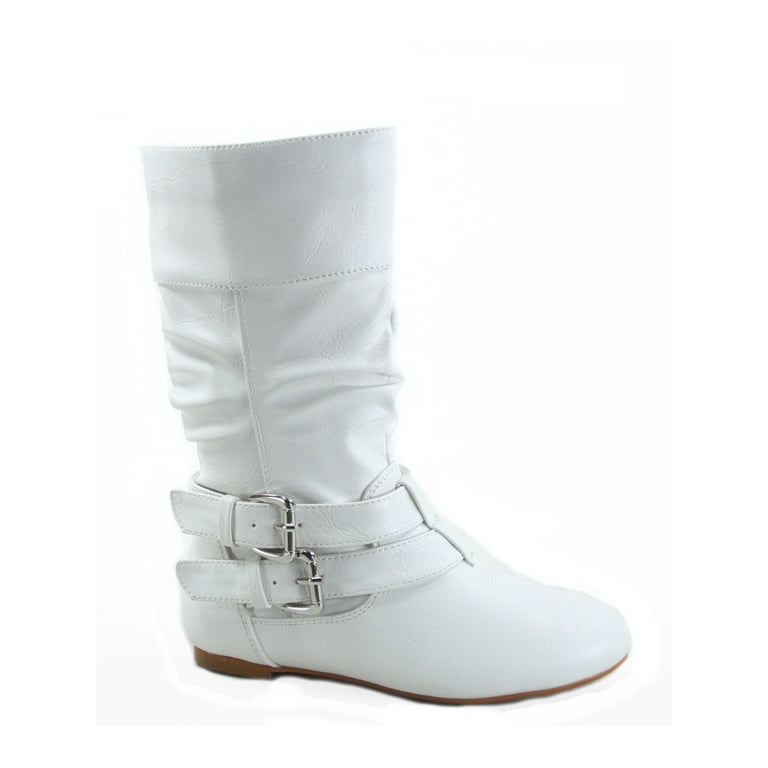 Sonny 54k Youth s Girls Kid s Causal Round Toe Buckles Flat Heel Zip Mid Calf Riding School Boots Shoes White 11