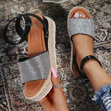 

HIBRO Women s Summer Buckle Strap Wedges Weave Beach Open Toe Breathable Sandals Shoes