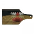 thumbnail image 1 of Bowling Party Cutting Board, Alley with Red Skittle in Center Target Score Winning Competition, Tempered Glass Cutting and Serving Board, Wine Bottle Shape, Pale Brown Red White, by Ambesonne, 1 of 1