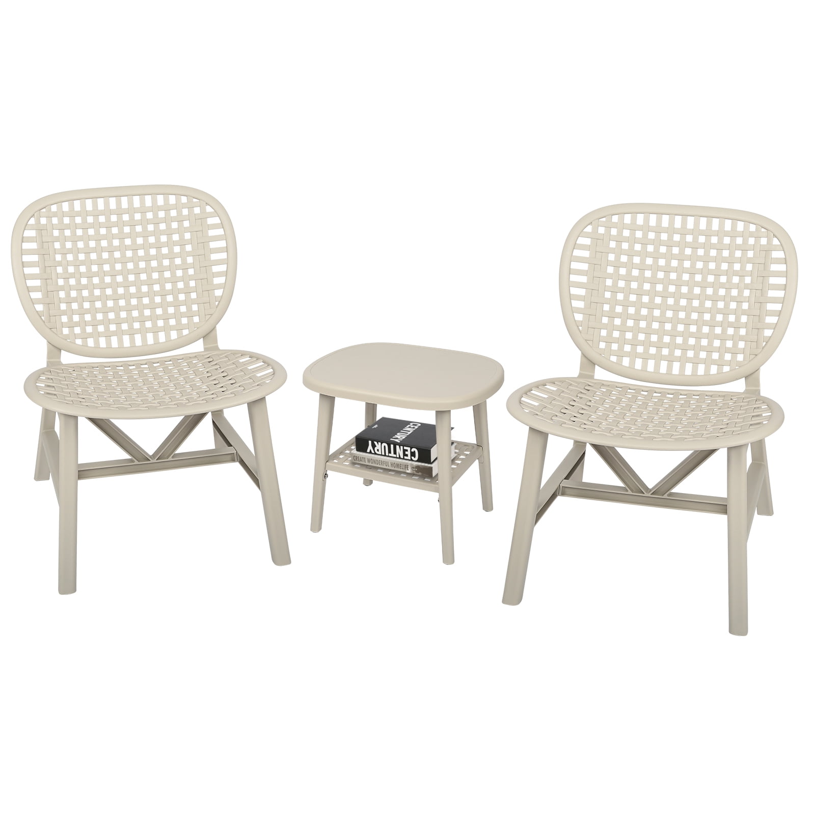 Aimee Lii 3 Pieces Hollow Design Retro Patio Table Chair Set, Outdoor All Weather Conversation Bistro Set with Open Shelf, Lounge Chairs, Widened Seat for Balcony Garden Yard, White