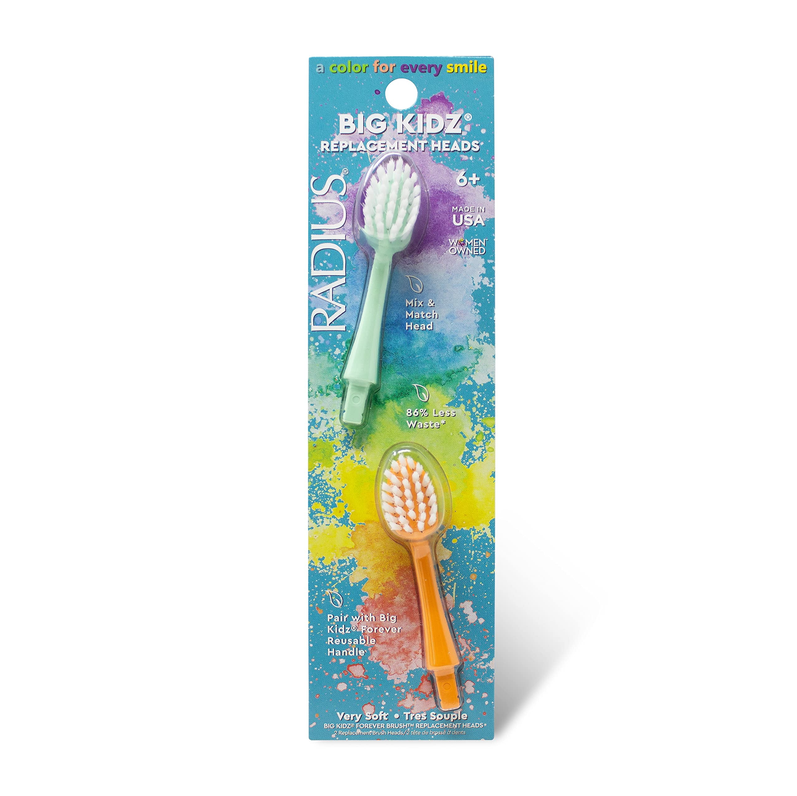 RADIUS Big Kidz Forever Brush Replacement Heads for Children, 6 Years and Up, BPA Free ADA Accepted for Growing Teeth and Gums, 2 Heads - Extra Soft