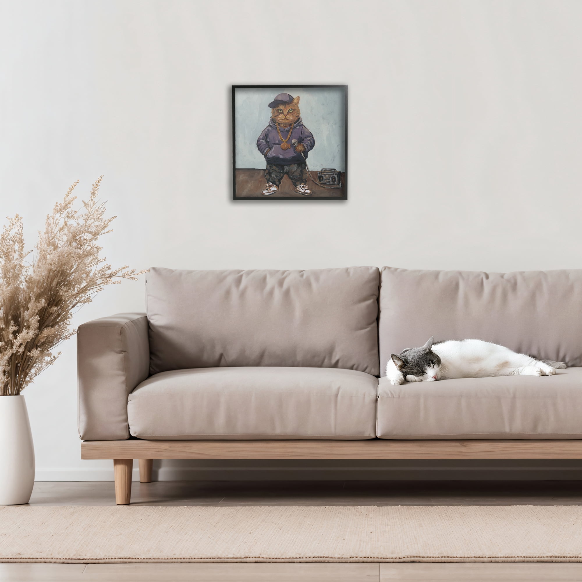 Stupell Industries Urban Hip-Hop Cat Black Framed Giclee Art, design by Studio Bautista