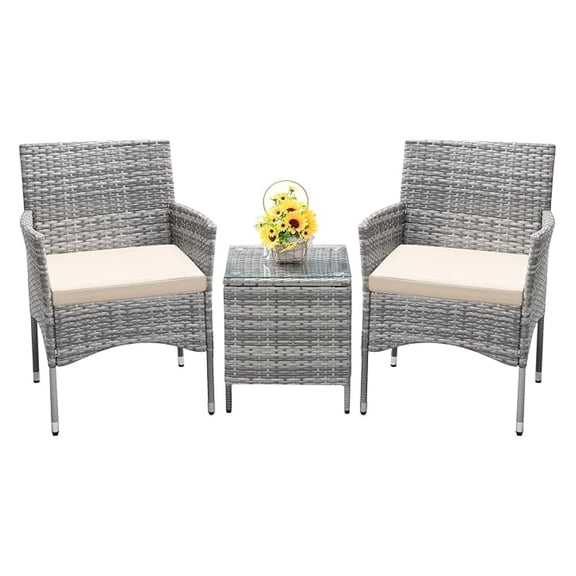 3 Pieces Patio Furniture Sets Clearance PE Rattan Wicker Chairs with Table Outdoor Garden Porch Furniture Sets (Light Grey)