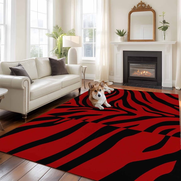 Abstract Tiger Print 5x8 Rug for Bedroom Under Queen Bed Placement, Red Black Animal Fur Texture Modern Art Washable Non Slip Large Rectangle Area Rug