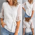 thumbnail image 2 of Mujeres Causal Color Sólido Pom Manga Corta Cuello Redondo Cinturón Suelto Camiseta Tops Blusa Jersey Fridja  bn5557, 2 of 9