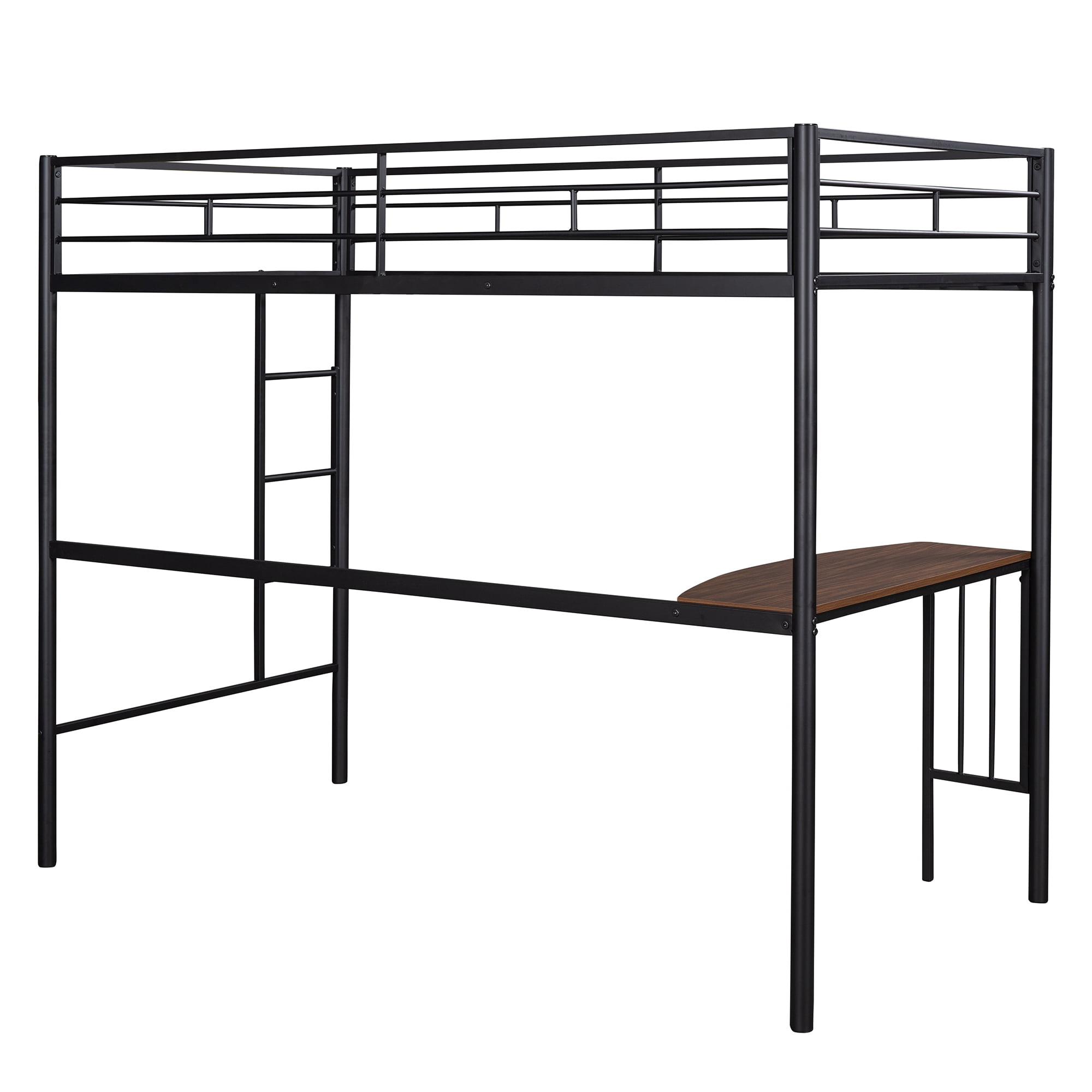 Gewnee Twin Size Metal Loft Bed Frame with Desk,Full-Length Guardrails and Ladder,Black