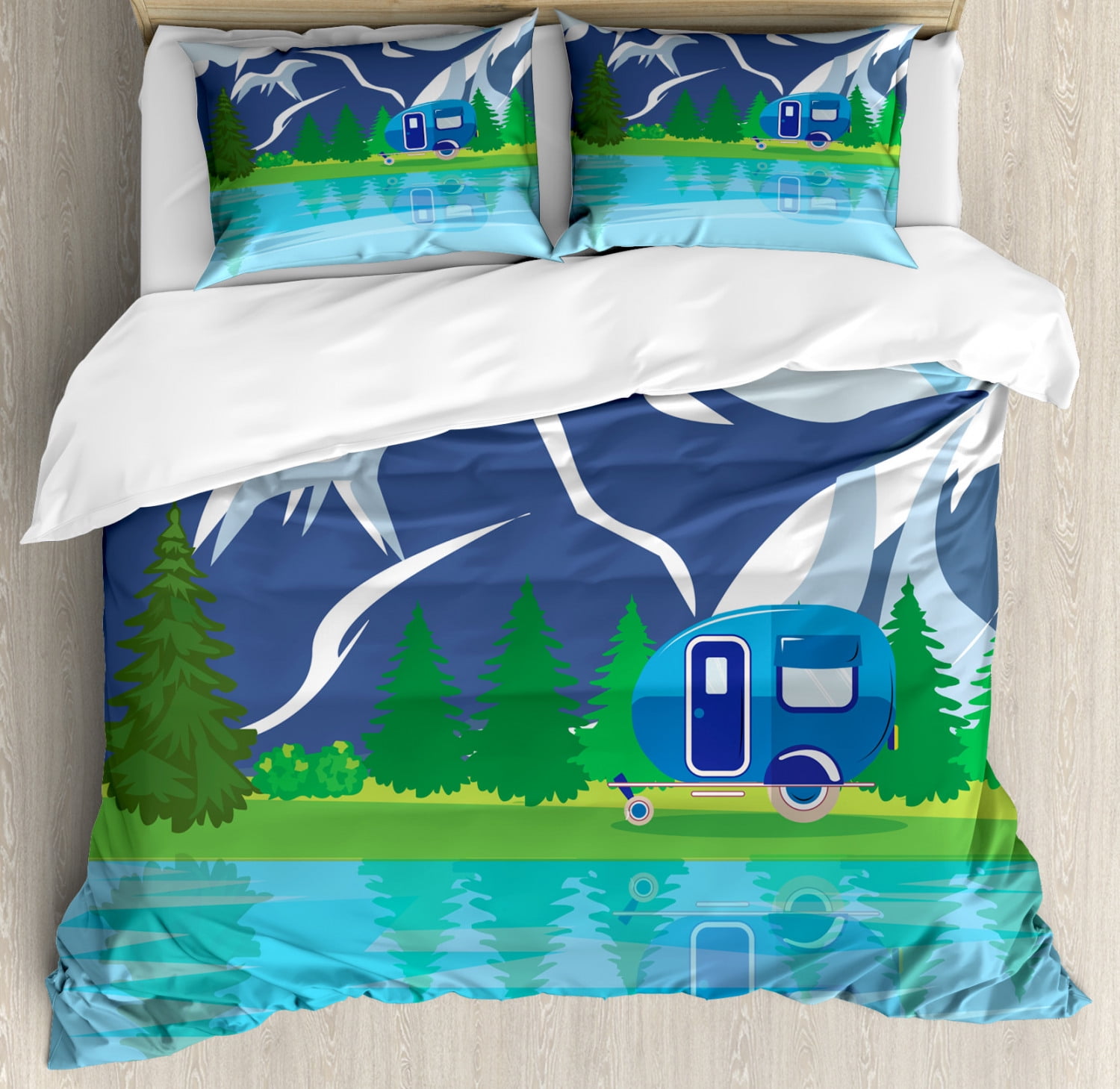 Happy Camper Queen Size Duvet Cover Set, Outdoor Activity with Lake