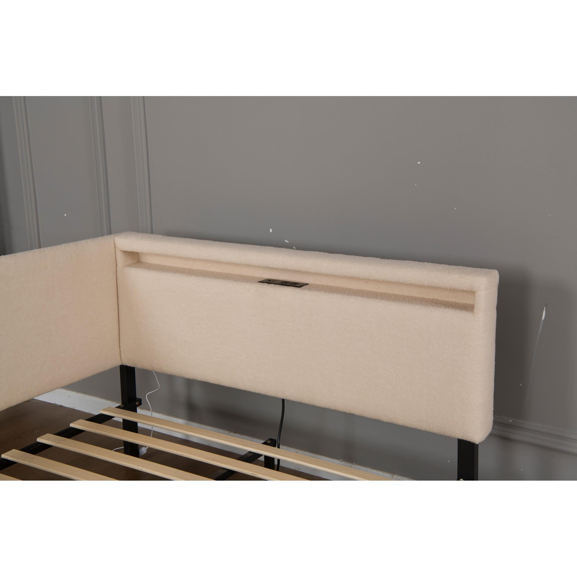 Leumius Full Size Boucle Daybed Frame, Upholstered Cloud Bed Frame with Headboard, 2 Storage Drawers, LED light and USB Charging Design, Solid Wood Legs and Slats for Bedroom Guest Room Beige