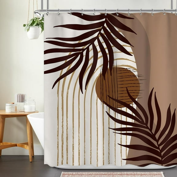 Abstract Boho Brown Aesthetic Shower Curtain, Mid Century Geometric Sun Shower Curtain Bathroom Set, Modern Terracotta Minimalist Plant Leaves Aesthetic Bathtub Accessories Decor 72Wx72L