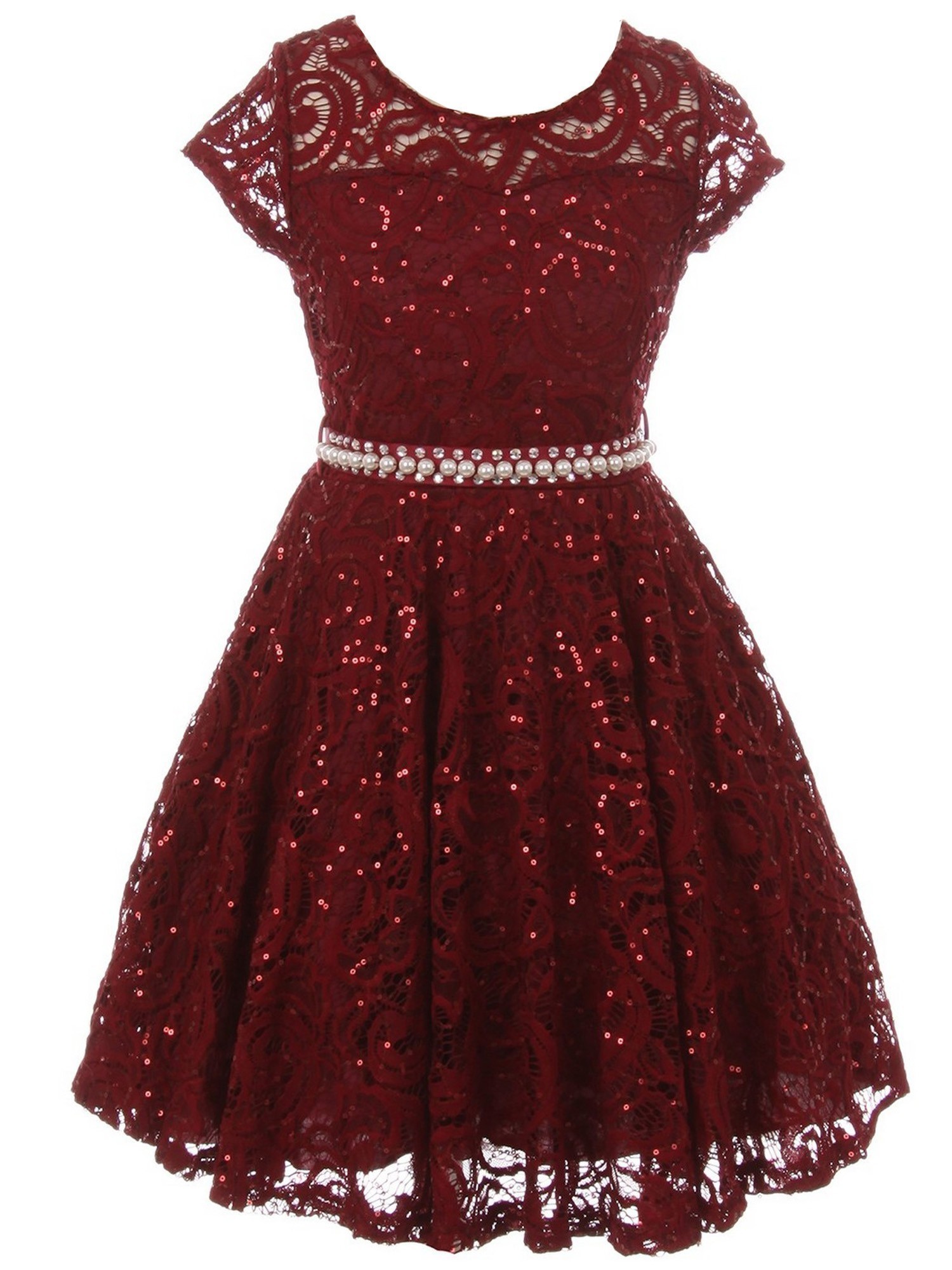 Just Kids - Little Girls Burgundy Sequin Lace Pearl Belt Skater