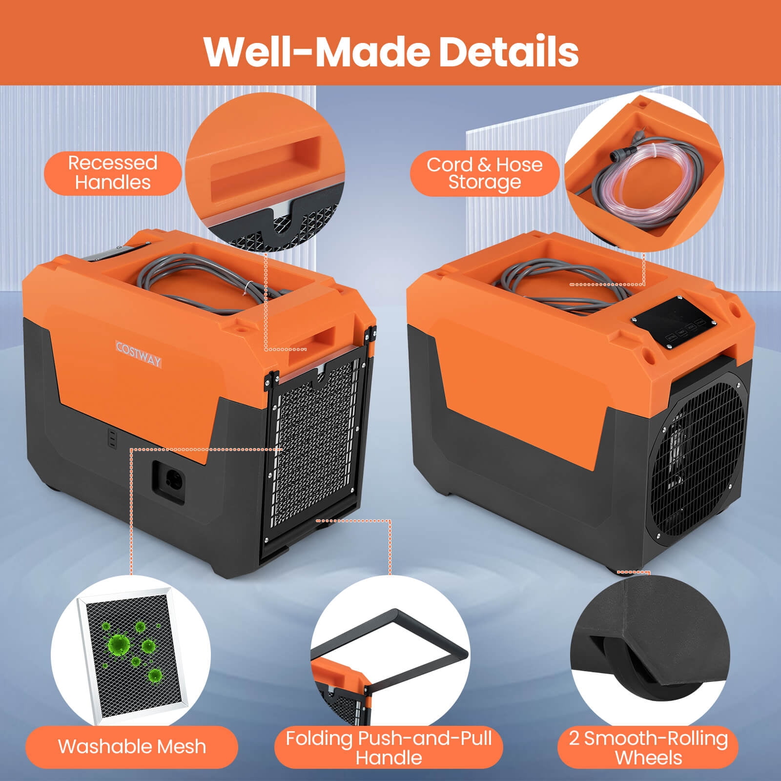 Costway 50-Pint(DOE) Commercial Dehumidifier with Pump, Drain Hose for Basements, Job Sites 4500 Sq. ft Coverage Area Orange
