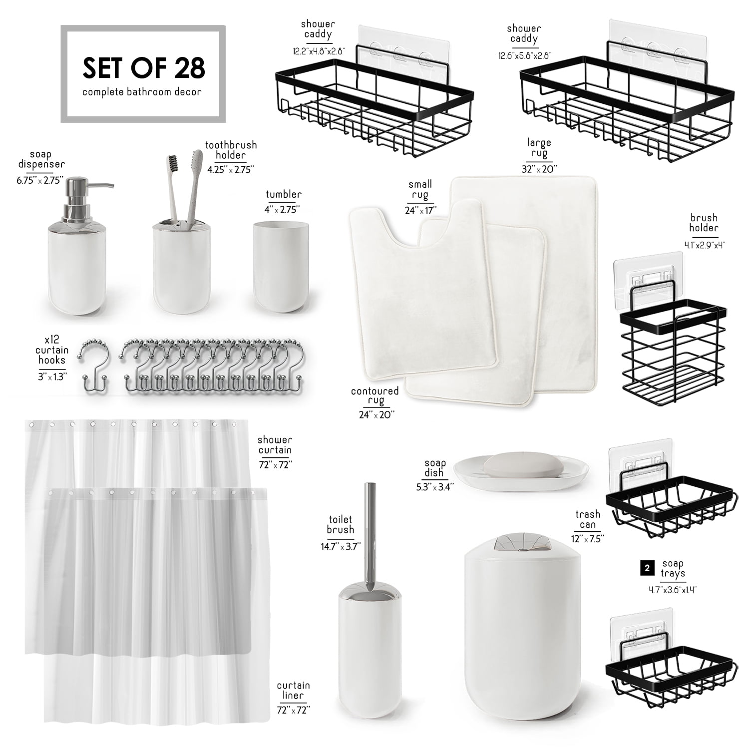 Lammaloe White Bathroom Accessories Sets and Shower Caddy for Bathroom Sets with Shower Curtain Sets and Rugs for Bathroom Decor with Toothbrush Holder