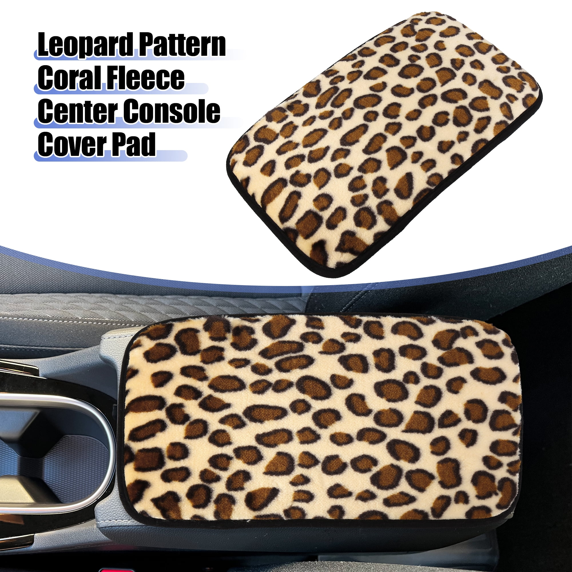 Unique Bargains Leopard Pattern Coral Fleece Universal Armrest Anti Slip  Protector Cover Center Console for Car Beige
