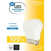 Great Value LED Light Bulb, 14W (100W Equivalent) A19 General Purpose Lamp E26 Medium Base, Non-dimmable, Soft White, 4-Pack
