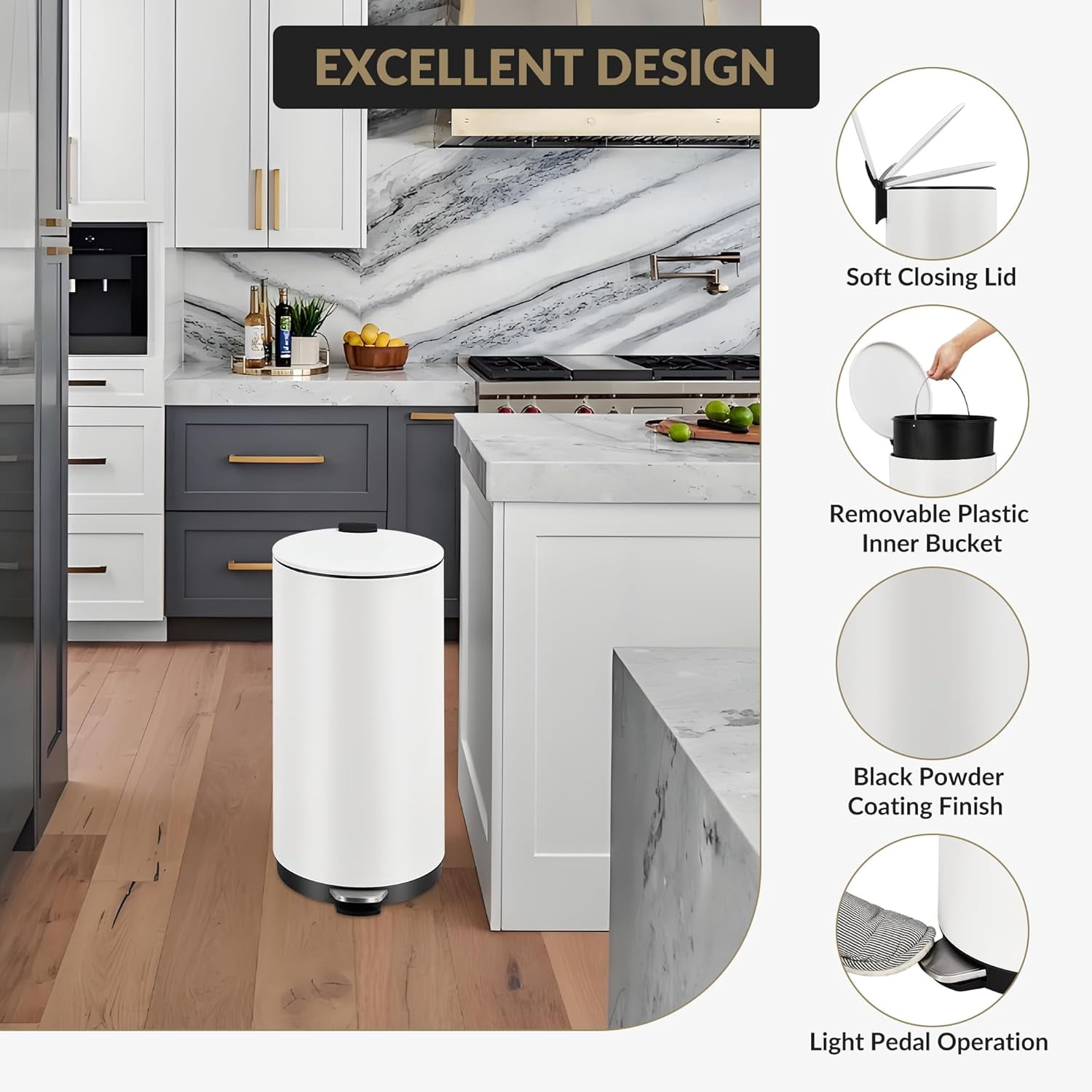 Home Kitchen 8 Gallon (30L) Step Trash Can, Round Bathroom Garbage Can with Lid and Foot Pedal, Kitchen Garbage Bin with Removable Inner Bucket for Home Bedroom Office
