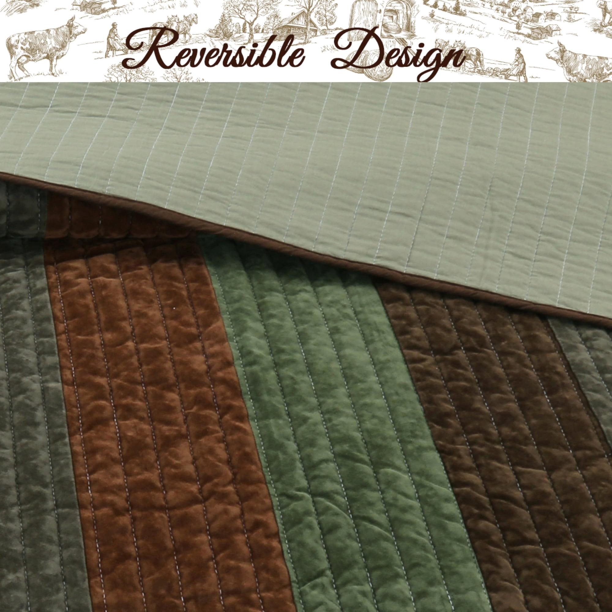 Cozy Line Home Fashions Cozy Line Rhett Brown Green Stripe Reversible Quilt Bedding Set Queen