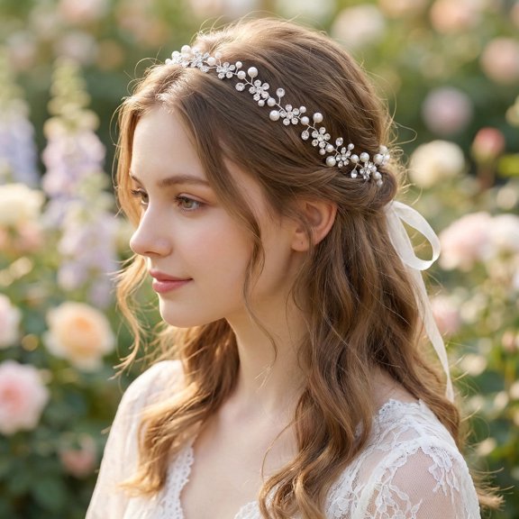 Miallo Silver Crystal Pearl Hair Vine for Women & Girls, Floral Rhinestone Headband with Ribbon for Wedding Prom Party