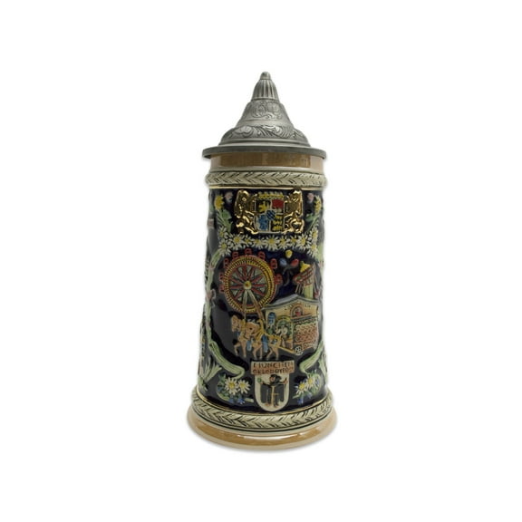Oktoberfest Haus Multicolor Ceramic Oktoberfest Ferris Wheel German Towns Beer Stein with Metal Lid 1 Ltr