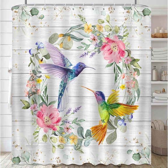 Hummingbird Shower Curtain Set Spring Flower Bird Shower Curtain White Vintage Wooden Bathroom Curtain Waterproof Fabric Curtain for Shower with 12 Hooks 72x72 Inches