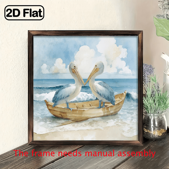 2D Flat 1pc 8x8 Inch Framed Wall Art - Two Pelicans on Boat with Ocean Waves, Wood Frame Summer Beach Decor, Vibrant Coastal Painting for Living Room, Decorative plaque, 8*8in