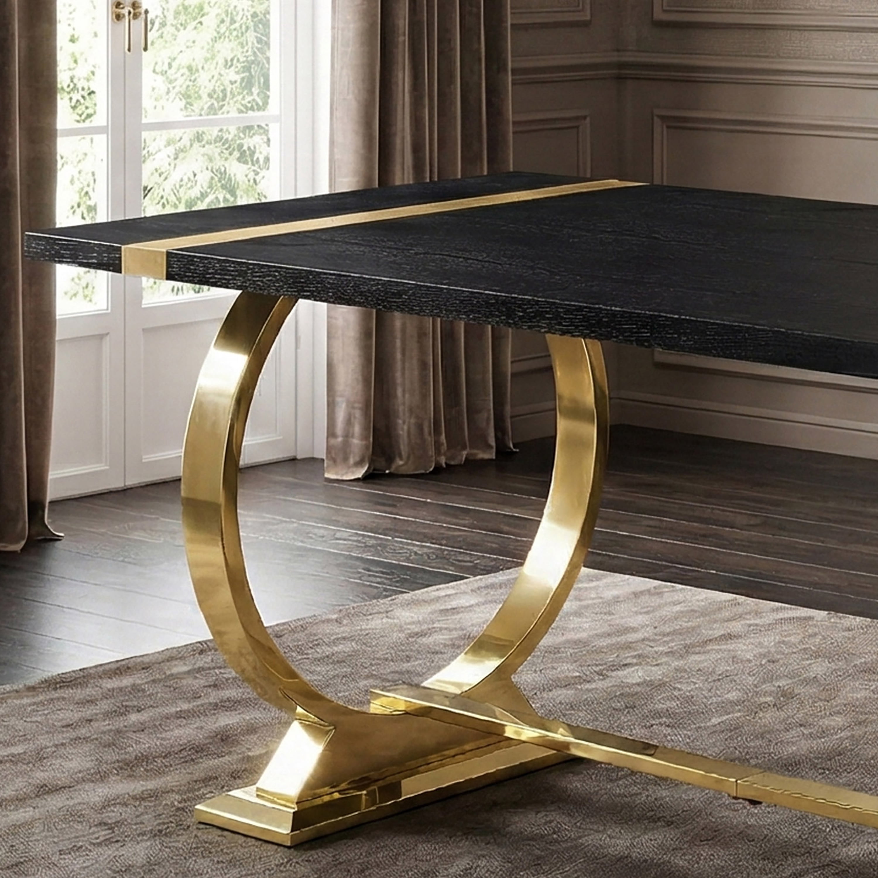 Furniture of America Gaius Glam Wood 60" Rectangle Dining Table with O-Shaped Stainless Steel Trestle Base, Black and Gold
