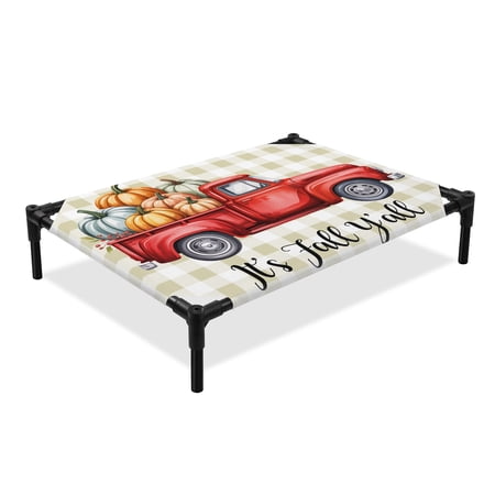It s Fall Elevated Dog Bed Y all Thanksgiving Truck Pumpkin Harvest Buffalo Plaid Cooling Breathable Outdoor Raised Dog Cot Bed with Metal Frame Non-Slip Feet for Large Dog 28x22in