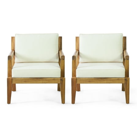 GDF Studio Camak Rossville Outdoor Acacia Wood Club Chairs with Cushions (Set of 2), Teak and Beige