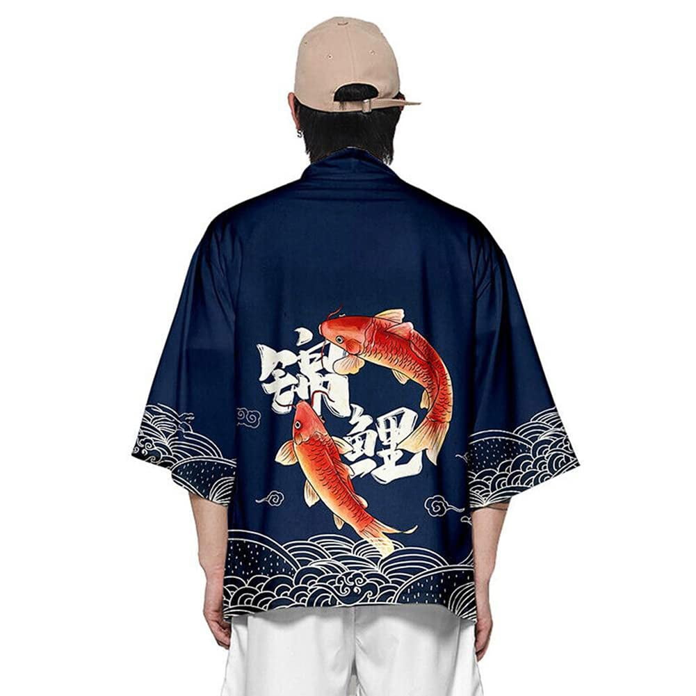 HAORUN Men Carp Print Yukata Kimono Bathrobe Haori Jacket Shirt 3/4 ...