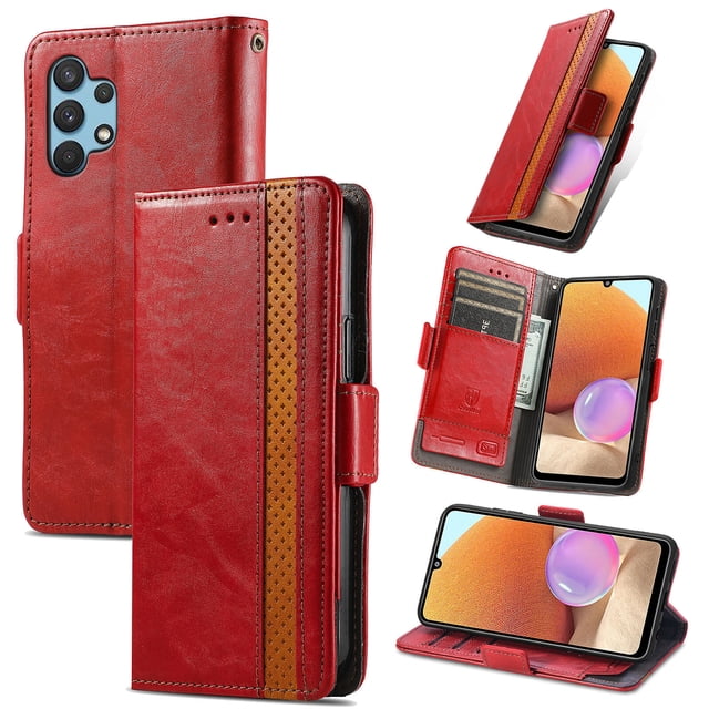Étui pour Samsung Galaxy A32 4G, Couverture Portefeuille en Cuir, Étui Folio, Design Livre, Rabat, Fermeture Magnétique - Rouge
