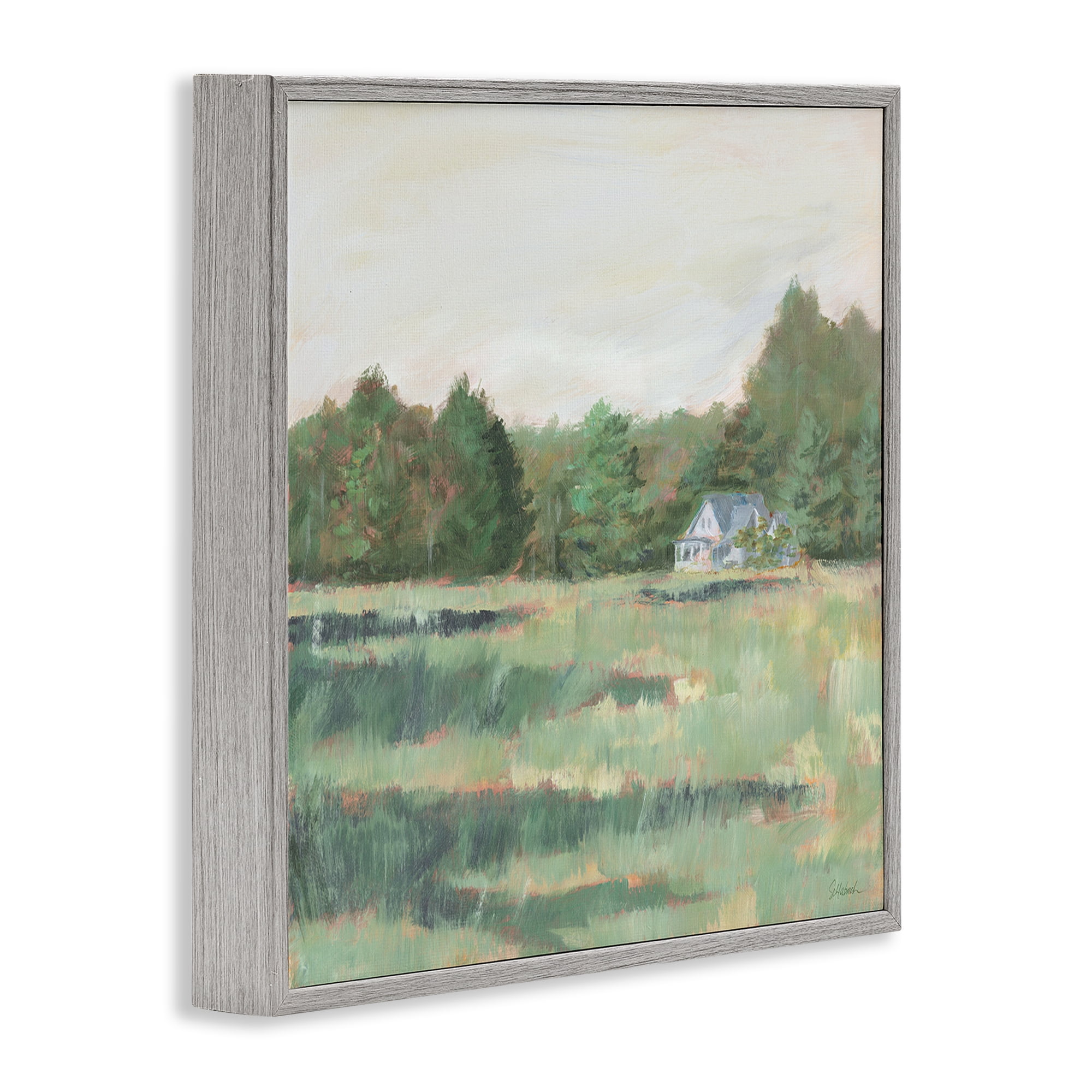 Stupell Industries Farmhouse Across Meadow Landscape Painting Gray Framed Art Print Wall Art, 24 x 24