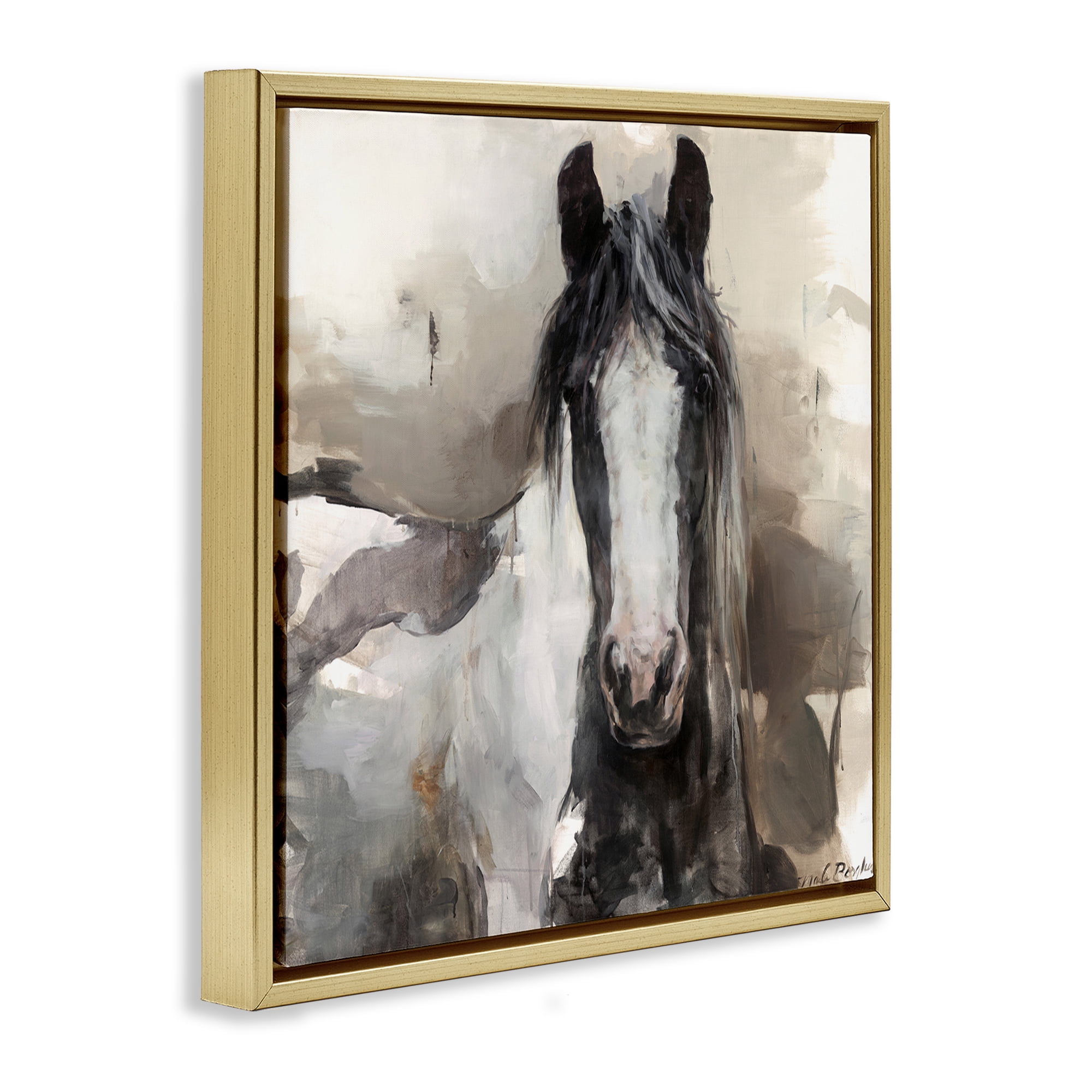 Stupell Industries Grey & Beige Horse Abstract Animals & Insects Painting Gold Floater Framed Canvas Art Print Wall Art, 25 x 25