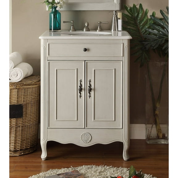 Benton Collection 26" Distressed Gray Cottage Bathroom Vanity with White Marble Top