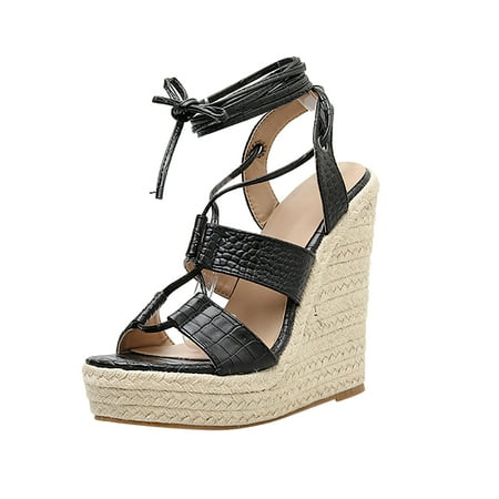 

SEMIMAY Women s Spring Wedge Heeled Thick Bottom Pointed Toe Wrap Back High Heeled Straw Woven Flax Rope Sandals Black