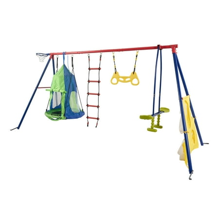 550lbs Swing Set For Kids Aged 3 And Above Outdoor Heavy-Duty A-Frame Stand Metal Playset With Basketball Hoop Soccer Net Hanging Rings And Tent Canvas Swing