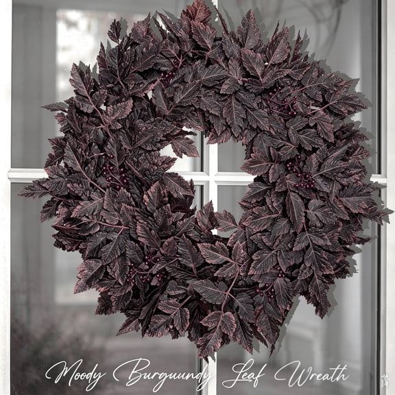 Fall Decor - Fall Wreaths for Front Door - 24 Inch Plum Cimicifuga Leaves Wreath - Autumn Harvest Halloween Decorations for Home Indoor Outdoor Mantle Window Wall Kitchen