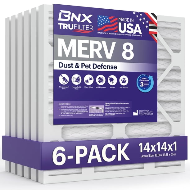 Filtro de aire BNX TruFilter 14x14x1 MERV 8 (paquete de 6) para HVAC