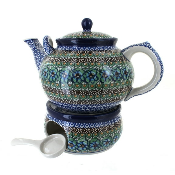 Blue Rose Polish Pottery Mardi Gras Large Teapot & Warmer