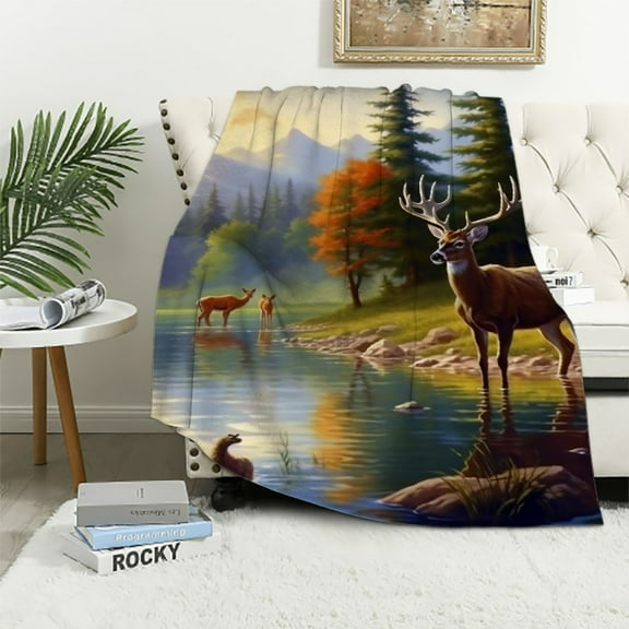 BCIIG Deer Animals Lake Warm Lightweight Blanket Soft Fleece Throw Blanket All Seasons for Living Rooms Sofa Decor Cow Gifts - Flannel Material Blanket for All Seasons Soft Plush Blankets 40x50in