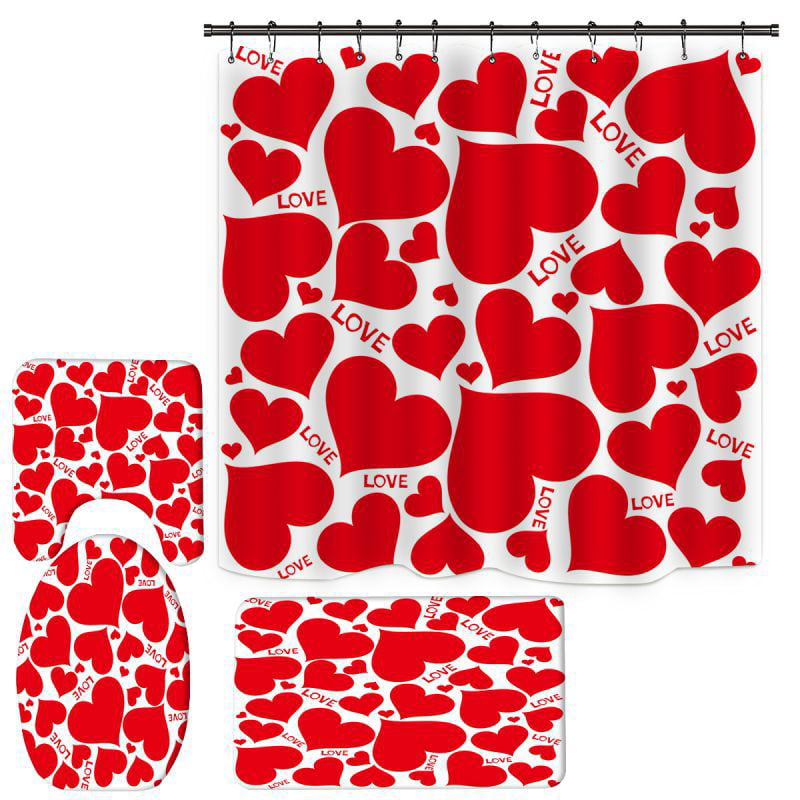 71" Bathroom mat Waterproof polyester Shower Curtain Happy Valentine's Day deer 