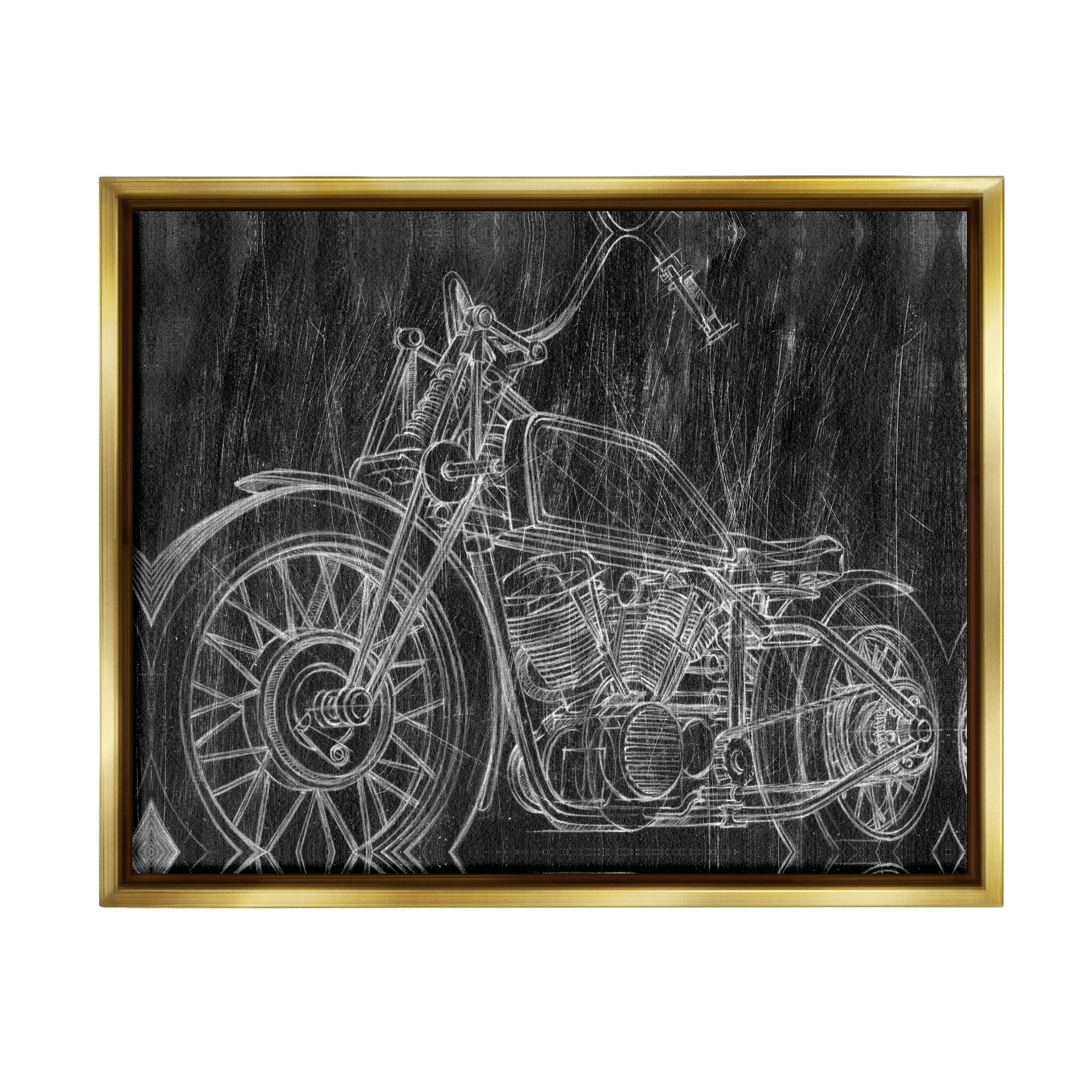 Stupell Industries Monotone Black and White Motorcycle Sketch Metallic Gold Framed Floating Canvas Wall Art, 24x30, by Ethan Harper