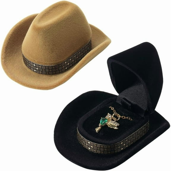 4Pcs Cowboy Hat Engagement Ring Box Velvet Jewelry Boxes Bulk Brown Black Hats Caps Shaped Decorative Ring Earrings Holder Display Case Boxes for Wedding Ceremony Rings Pendant Storages for diy