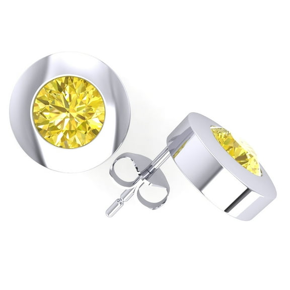Real 1.00Ct Round Cut Yellow Diamond Stud Earrings 14Karat White Gold Bezel I1