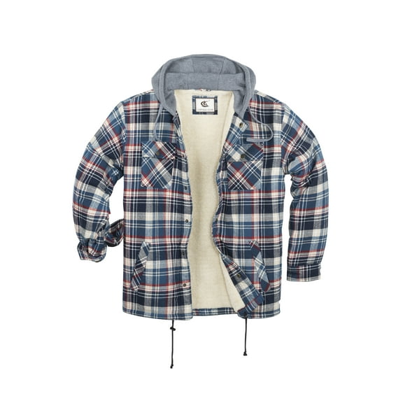 COEVALS CLUB Men's Hooded Sherpa Lined Flannel Long Sleeve Cotton Plaid Snap Button Up Shirts Quilted Jacket (Beige, Blue/15# XX-Large)