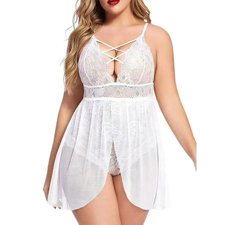 

Sanviglor Ladies Nightdress Plus Size Chemise Sleeveless Irregular Hem Lingerie Solid Color Women Mini V Neck Teddy Lace White 3XL