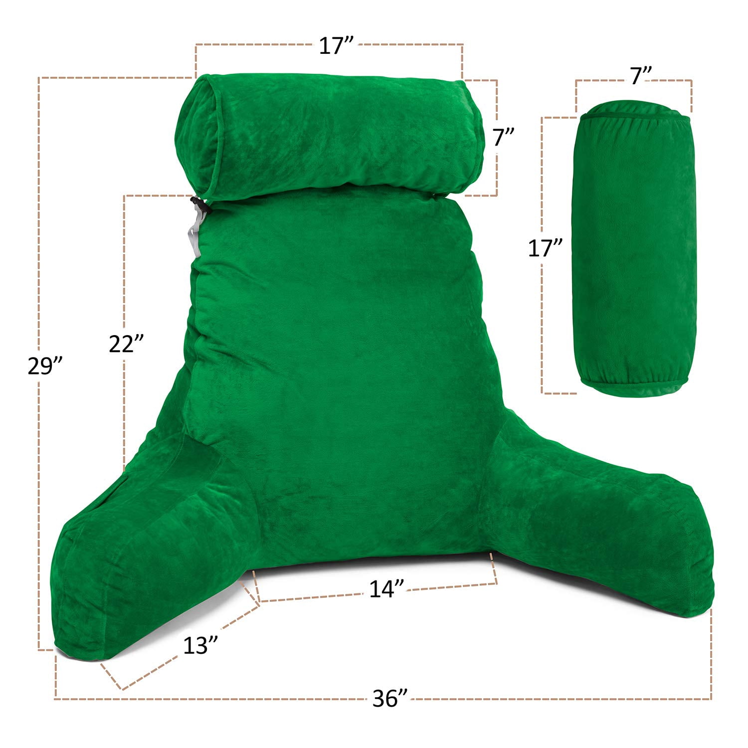 Clara Clark Bed Rest Pillow with Arms and Pockets, Detachable Neck Roll, Large, Green