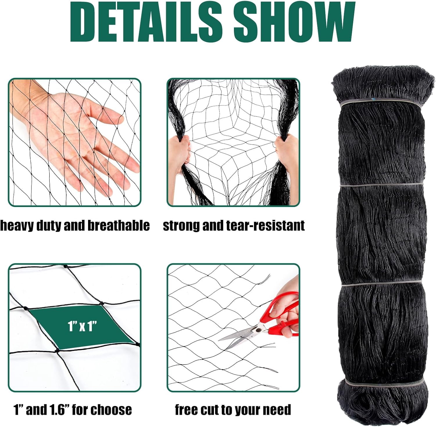 Bird Netting for Garden Protection - 25 x 50 ft Heavy Duty Black Nylon Poultry Netting 1’’ Mesh for Blueberry Bushes, Fruit Trees, Chicken Coops and Porches